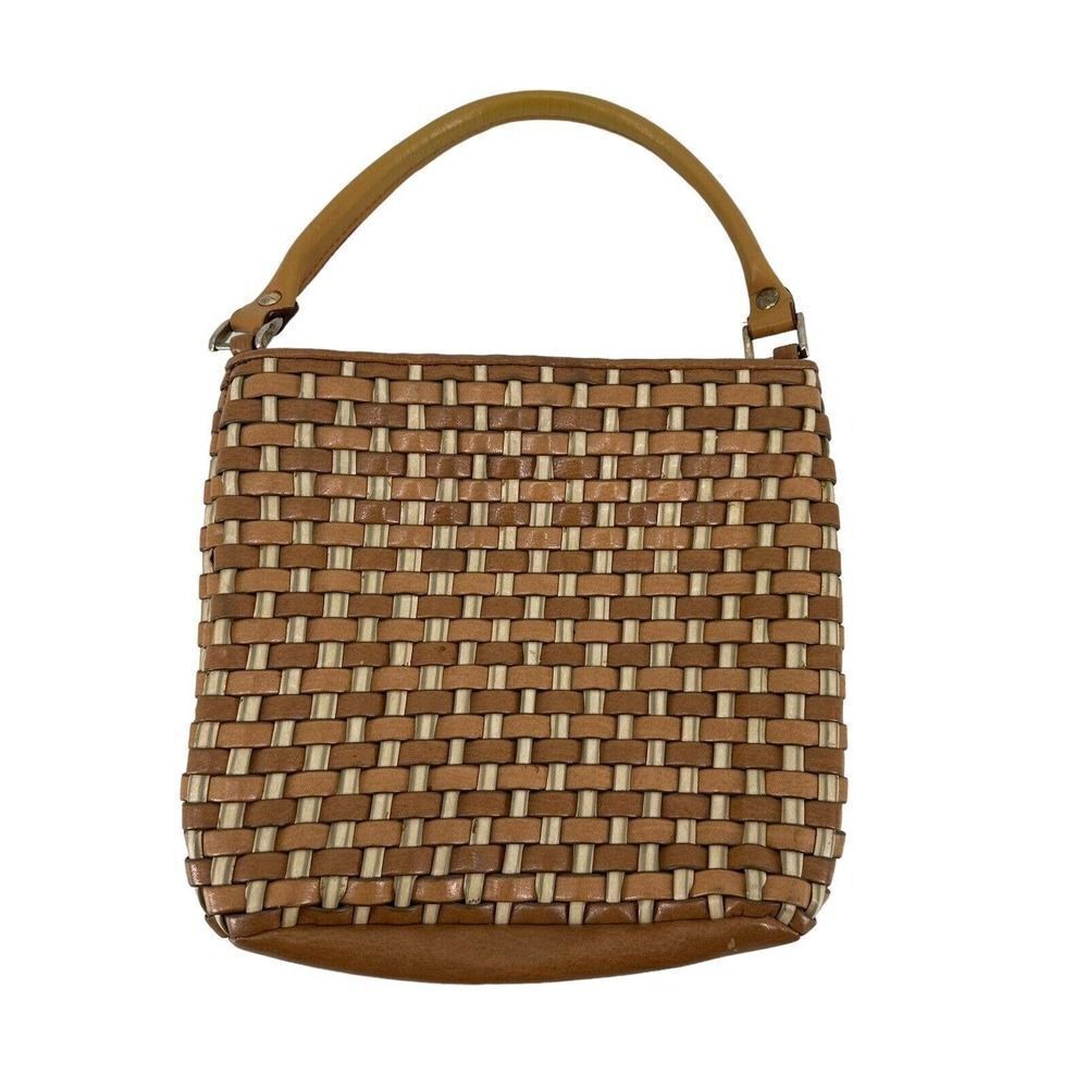 Nine West Vintage Handbag Basket Woven Vegan Leather Brown Top Handle Small Boho